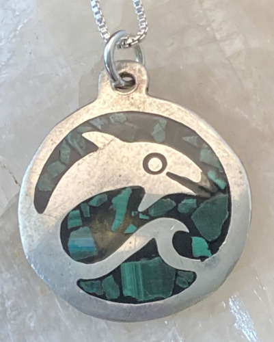 Vintage Mexico Dolphin Malachite Sterling Silver … - image 1
