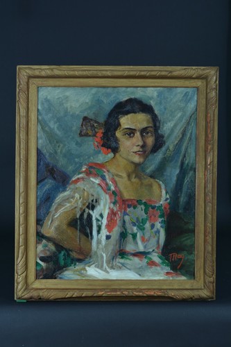 Ancien Tableau Portrait de jeune fille Costume Espagne 1930 Mag hst cadre - Photo 2/11