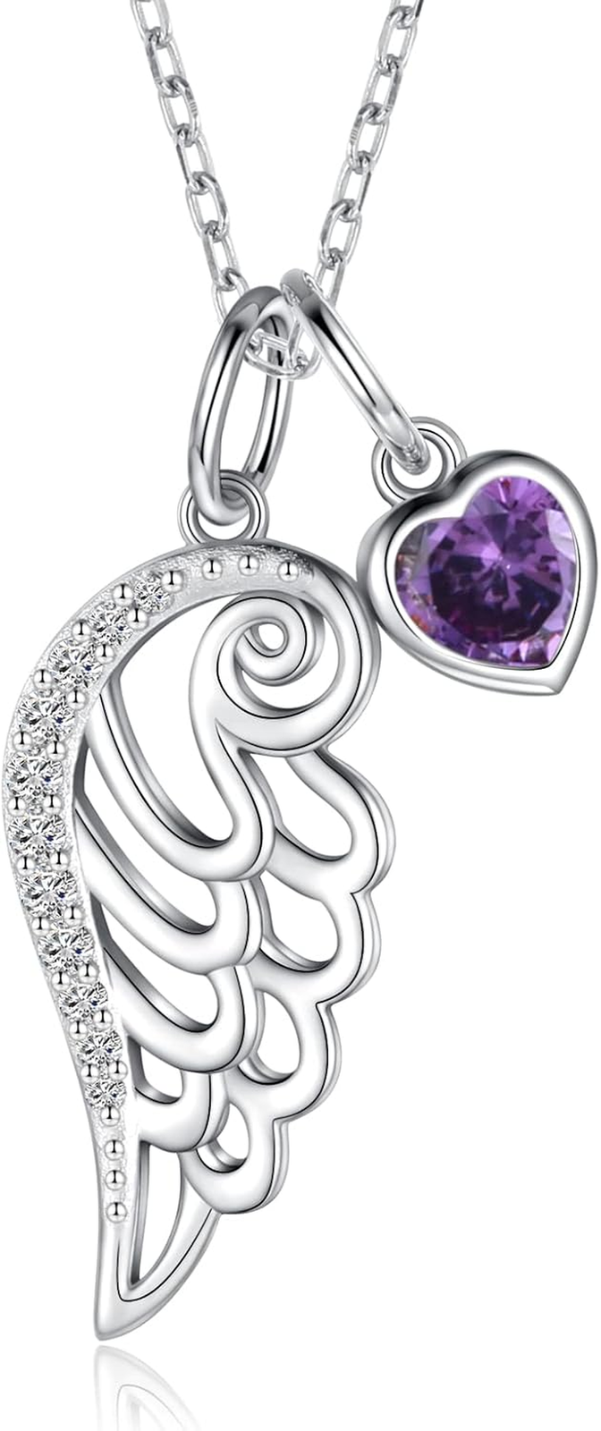 Birthstone Wing Necklace 925 Sterling Silver Guardian Angel Wing Feather Pendant