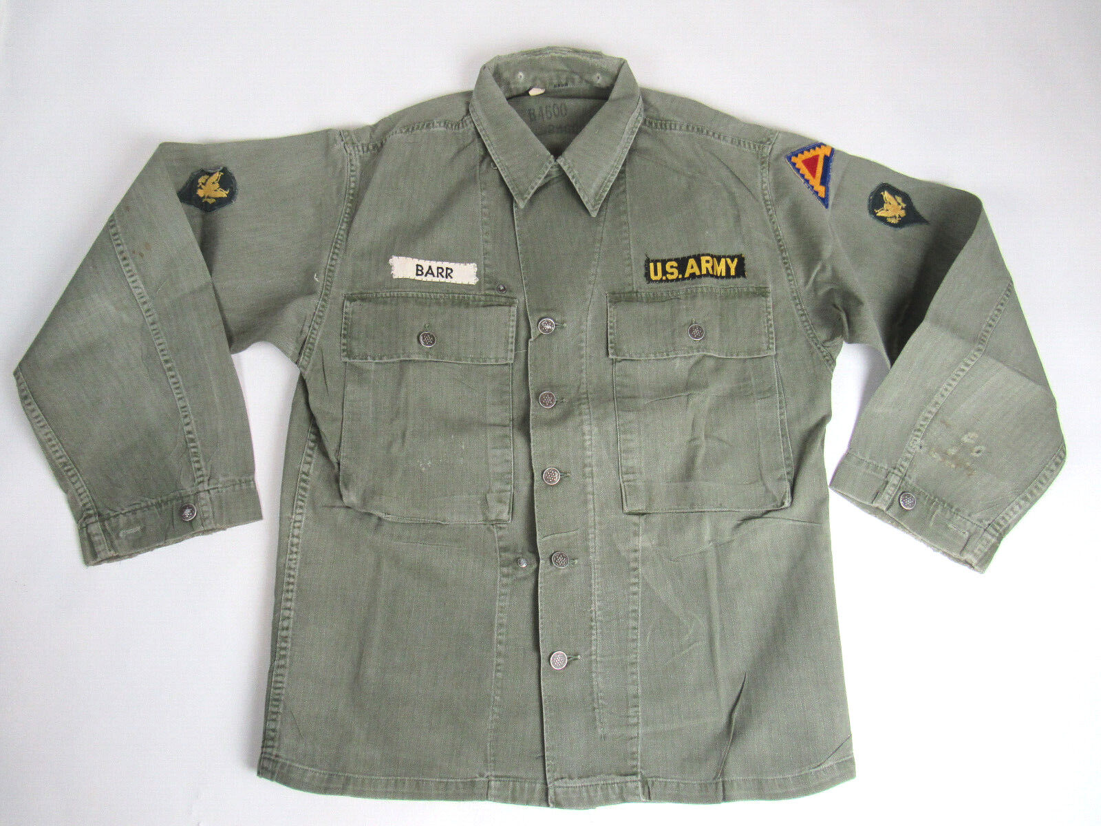 Vtg WW2 / Korean War 3rd Army Patch HBT Shirt 36R Named 40s 