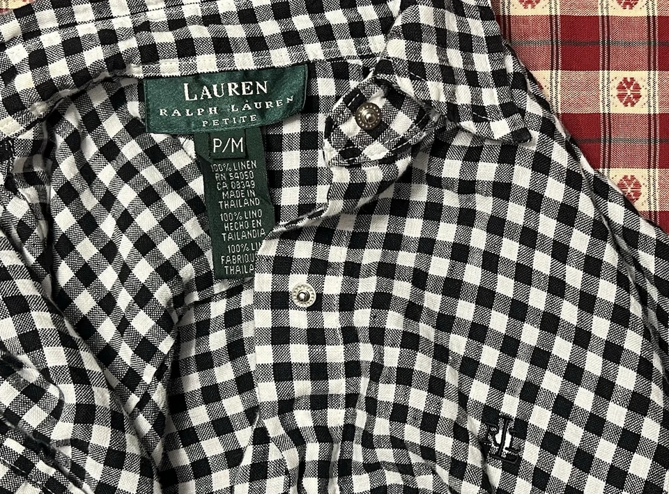Ralph Lauren LRL Linen Button Up Shirt Women's Petite Medium Gingham Black White - Image 3 of 4