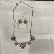 Charming Charlie Earrings & Necklace Set, Silver, Pink Stones, Floral, New