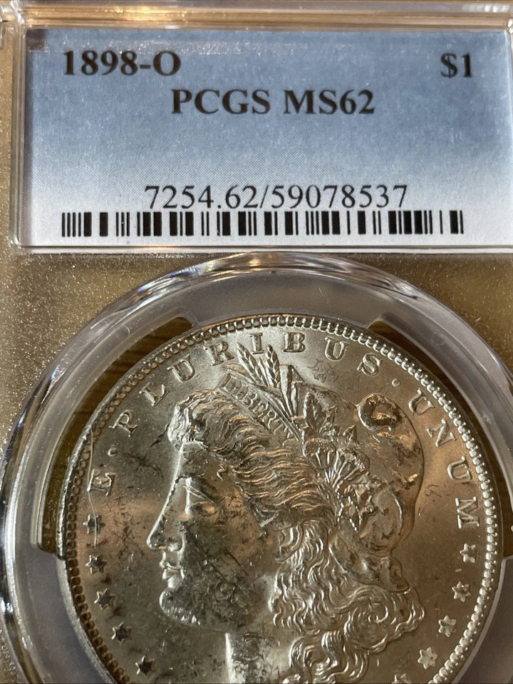 Серебряный Моргановский доллар 1898 O PCGS MS62 морозно-белый 90% чистое серебро - Изображение 2 из 3