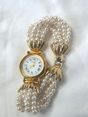 Monet Stainless Steel Fall Pearl Band Gold Tone Watch Vintage Untested