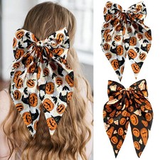 2Pcs Halloween Hair Bows for Women Girls, Pumpkin Ghost Bat Design Long Tail ...