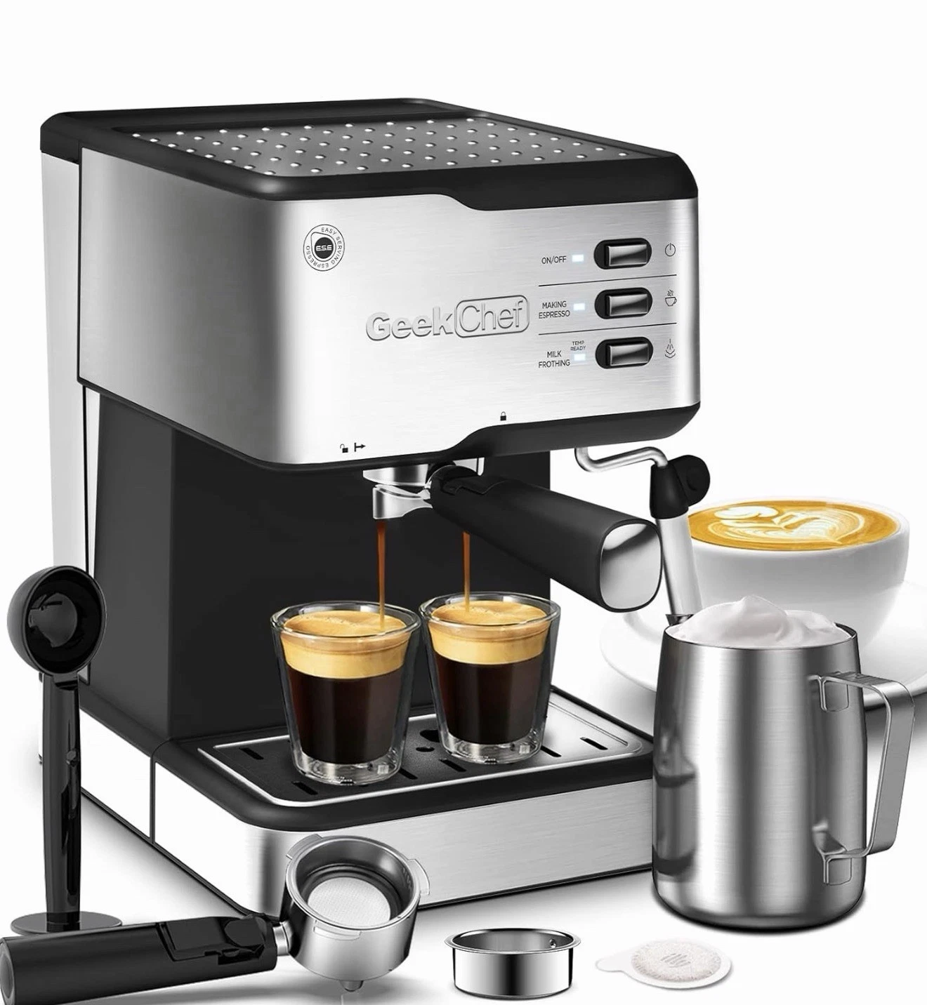 Geek Chef 20 Bar Espresso Machine, Cappuccino Coffee Maker with ESE Pod Filter