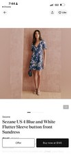 Sezane Floral Sundress Blue White Button Front V-Neck Flutter Sleeve US 4