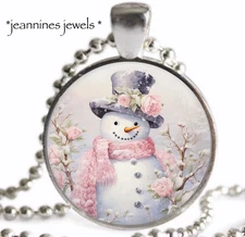 Pink Snowman Necklace Silver Charm Pendant Shabby Chic Victorian Christmas Roses