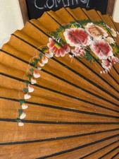 Vintage Asian Rice Paper Parasol Umbrella Hand Painted Floral Bamboo