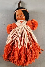 Vintage Yarn Doll Native American Girl Plastic Face Orange Tan Seed Beads Folk