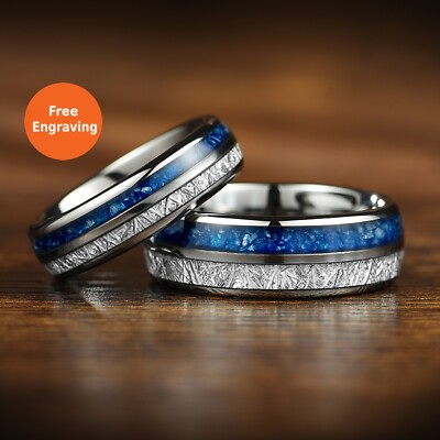Meteorite Blue Agate Ring Set His and Hers Matching Couple