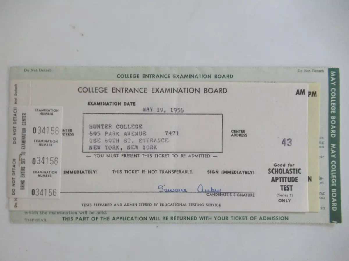 1956 College Entrance Examination Board Scholastic Aptitude Test Ticket NY,  NY