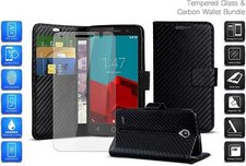 Carbon Fibre Wallet Card Slot Phone Case & Glass for Vodafone Smart First 7