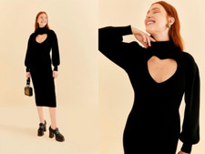 FARM RIO Black Heart Neckline Cut-Out Long Balloon Sleeve Sweater Dress XS = 0/2