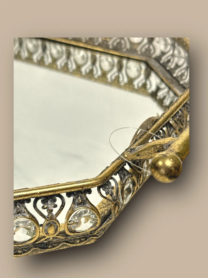 Dekoratives Tablett Metall Gold mit Spiegel und Glassteinchen 58cm x 34cm NEU - Bild 3 von 4