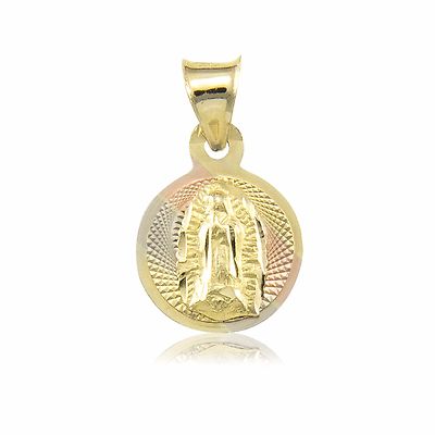 14K Massiv Gelb Weiß Rotgold Jungfrau Maria Runde Medaille Anhänger-Halskette Charm