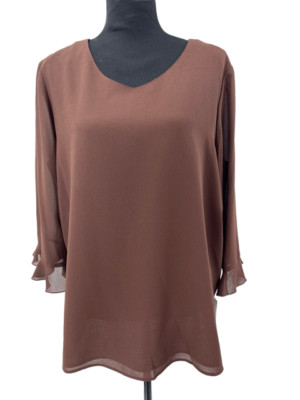 Stephanie Thomas Womens Blouse Size 18 Brown VNeck 3/4 Sleeves Keyhole Button