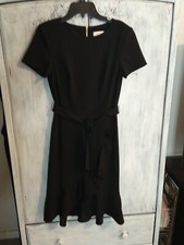 Calvin Klein Pleat Front Belted Short Sleeve Blk Knee Length Dress Sz 2 Classic