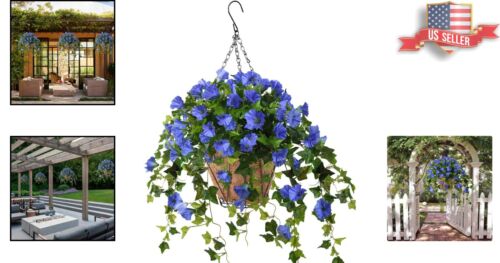 Vibrant Blue Artificial Petunia Hanging Flowers in Coconut Lining Basket - Picture 2 of 7