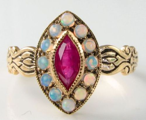 9CT 9K GOLD MARQUISE RUBY OPAL ART DECO INS CLUSTER HALO RING FREE RESIZE - Picture 2 of 5