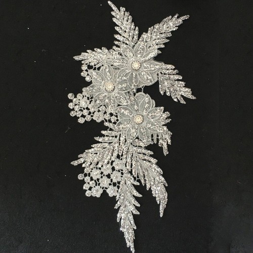 1X Parche de encaje con cuentas de brillo y aplique floral hágalo usted mismo para decoración de vestido de boda - Imagen 3 de 6