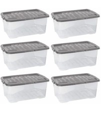 Storage Box & Lid - Clear Box, Grey Lid Strata 6 x 42 L Curve Plastic Stackable