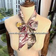 Sallys Twill Silk Long Scarf Ribbon Flower Print Hairband Bag Necktie 120 * 6cm