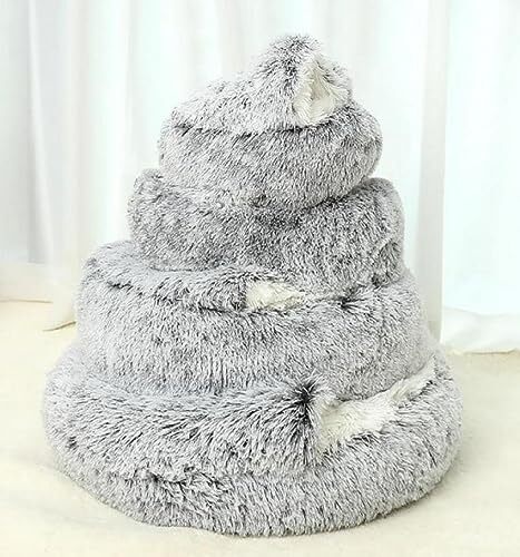 Cat Bed Cave Round Plush Fluffy Hooded Cat Bed Donut Self Warming Pet Dog Bed - Picture 3 of 7