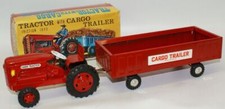 Vintage Toy 1960's Tin Friction TRACTOR WITH CARGO TRAILER Farm Set 1417, Japan