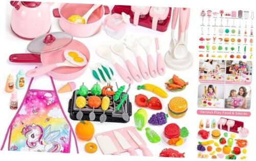 89PCS Kids Kitchen Playset w/ Toy Pots Pans Unicorn Apron BBQ Grill Pink - Picture 1 of 8