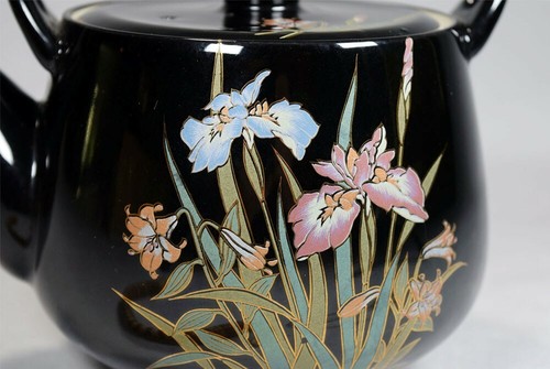 Vintage Japanese Black Ceramic Gold Blue Pink Iris Floral Tea Pot and Cups Set - Picture 11 of 12