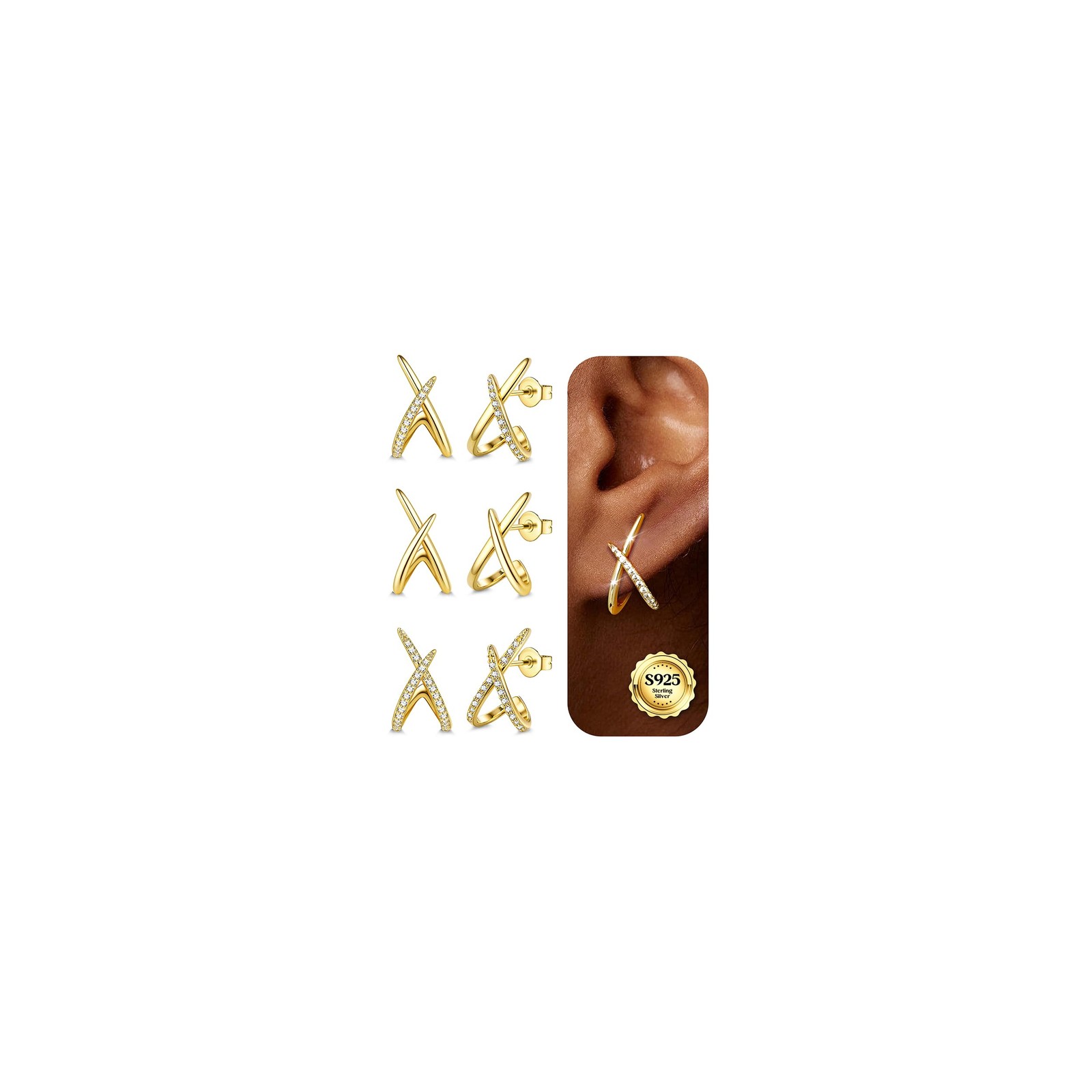 Boucles d'oreilles femme argent 925 zirconie cubique lot de 3 paires