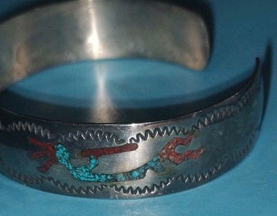 Native Henry Baca Sterling And Turquoise Coral Inlaid Cuff 14.g Signed 