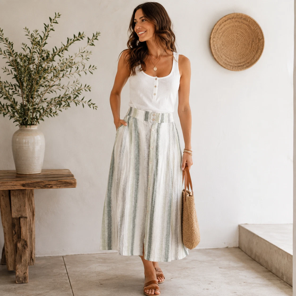 Tregene 100% Linen Maxi Skirt M Stripe Midi Lagenlook Button Front Coastal Gauzy
Opens in a new wind