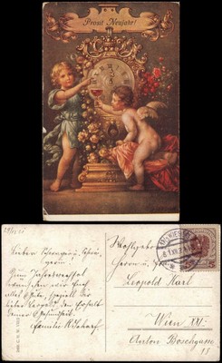 Neujahr Sylvester New Year Engel Angel und Junge vor großer Uhr 1912
