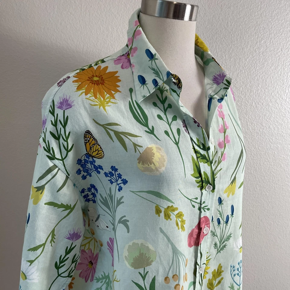 Camisa Lesley Evers Mujer Grande Verde Lino Algodón Floral Mariposa Abotonada Foto 2 de 4