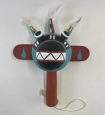 Hopi Payik'ala "Three Horned" Kachina Gourd Rattle with Feathers ~ 10"