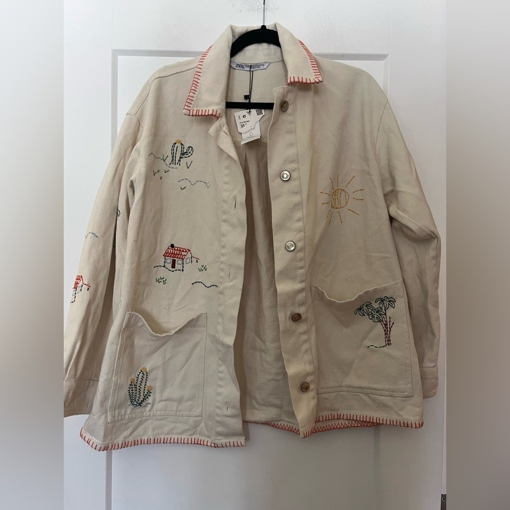 NWT Zara Ecru 100% Cotton Embroidered Overiszed Chore acket Shacket Overshirt thumbnail 6