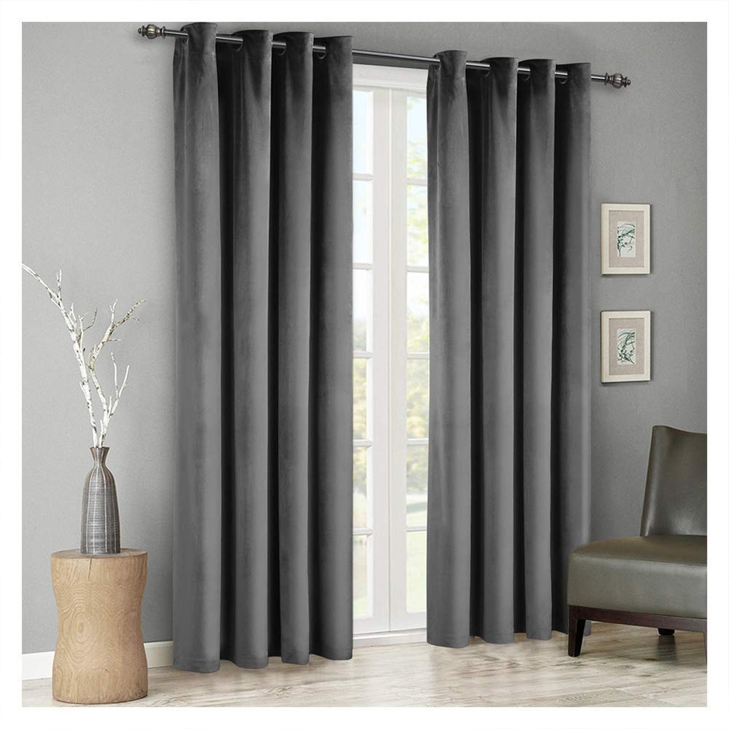 SINGINGLORY Velvet Curtains Grey 52 x 96 Inch Blackout Grommet Window Curtain...