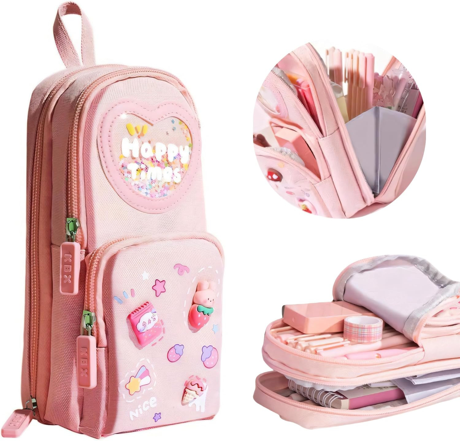 Large Capacity Kawaii Pink Pencil Case & Pencil Pouch – Cute 3-Compartment Stati