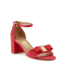 SALVATORE FERRAGAMO Gavina Red Suede Sandals LOGO Ankle Str BOW 5.5 B Italy $795