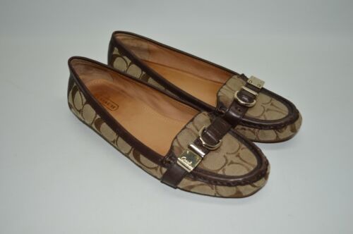 Coach Flores Signature Khaki/Brown Leather Trim Buckle Loafers Flats Size 8B  - Picture 1 of 9