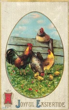 Postcard Joyful Eastertide Easter Rooster Chickens Chicks 1913 DB