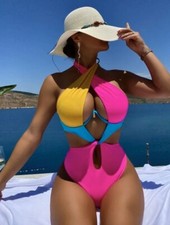 Color Block Cut Out Tie Back Underwire One Piece Swimsuit Medium New Free Ship
