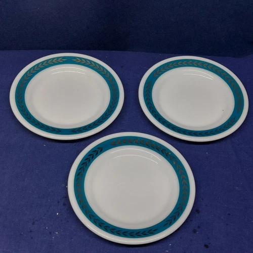 Vintage Pyrex Restaurantware Set/3 Bread/Appetizer Plates White/Turquoise EUC