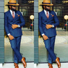 Blue Men's Suits Peak Lapel Double Breasted Formal Business Tuxedos Blazer 2Pcs