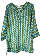 Gretchen Scott Designs  Zig Zag Tunic Top Cover-Up LARGE Turquoise Lime NWT