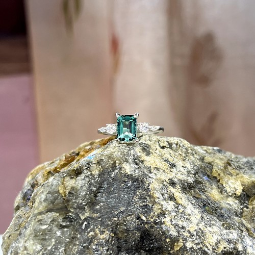 teal sapphire engagement ring silver emerald cut teal sapphire ring - Picture 2 of 7