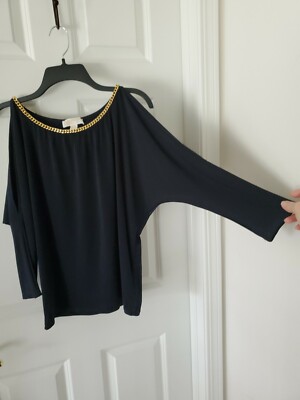 Michael Kors Blue Dolman Sleeve Cold Shoulder Chain Neckline Blouse Size M