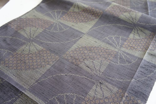 Vintage Japanese Silk Tsumugi Kimono Fabric Charcoal Grey Fan Pattern 107cm(42") - Picture 10 of 10